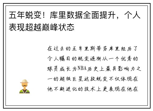 五年蜕变！库里数据全面提升，个人表现超越巅峰状态