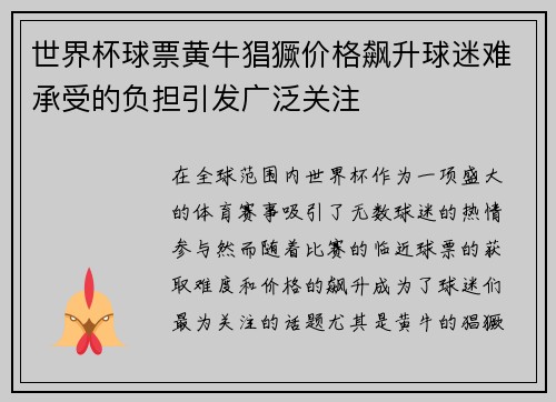 世界杯球票黄牛猖獗价格飙升球迷难承受的负担引发广泛关注