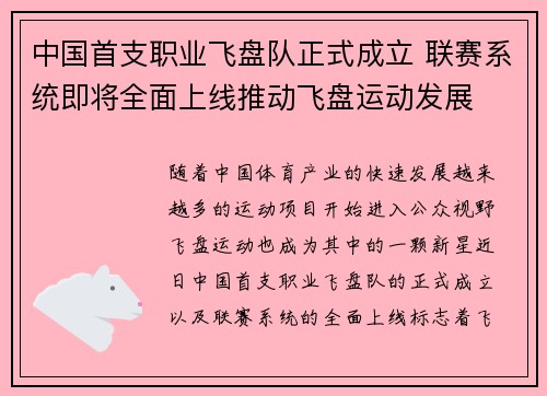 中国首支职业飞盘队正式成立 联赛系统即将全面上线推动飞盘运动发展